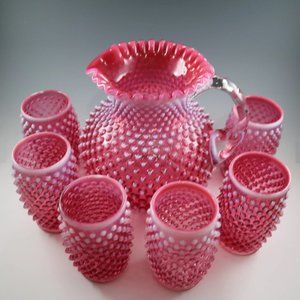 Vintage RARE Fenton Handmade Cranberry Opalescent Hobnail 7 Piece Water Set 1940